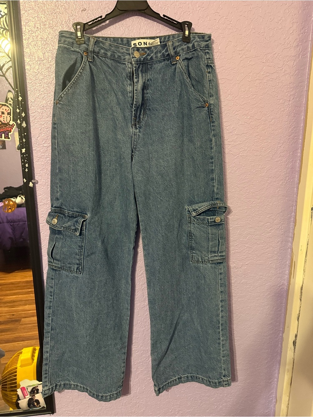 SON Wide-Leg Blue Denim Cargo Pants for Men